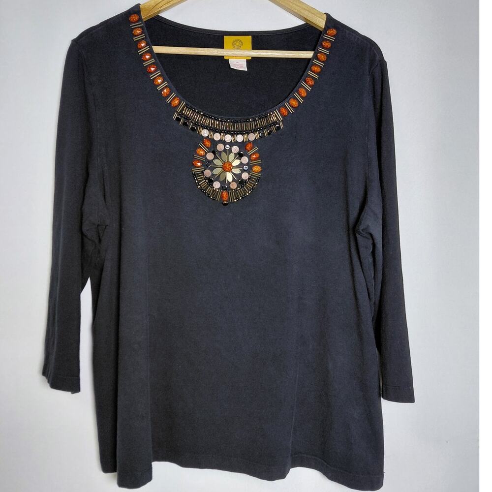 Ruby Rd. woman Beaded Neckline Top Black Solid Knit 3/4 Sleeve Size 1X